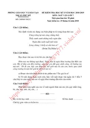 Đề kiểm tra học kỳ I môn Ngữ văn Lớp 7 - Năm học 2018-2019 - Phòng giáo dục và đào tạo Thị xã Phú Mỹ (Có đáp án)